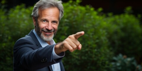 Close up of businessman hand pointing for direction, against the backdrop of bushes. Generative AI.