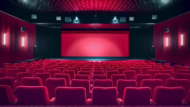 Empty red seats in a movie theater, perfect for film, entertainment, or presentation projects. Entertainment & Cinema Concept.  Rows of red seats face a stage and screen. Video background 