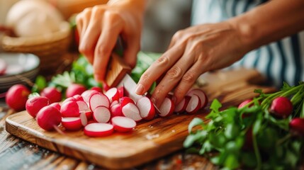 A woman is cutting radishes on a wooden cutting board. The radishes are cut into small pieces