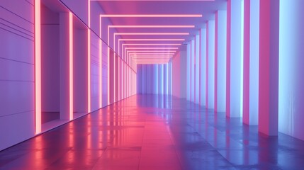 A modern art gallery with a thought-provoking installation made of neon lights, casting a futuristic glow against a stark white backdrop.