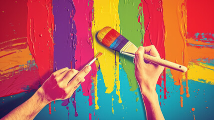 A pair of hands holding a paintbrush adding of rainbow paint, symbolizing self-expression Pride Month