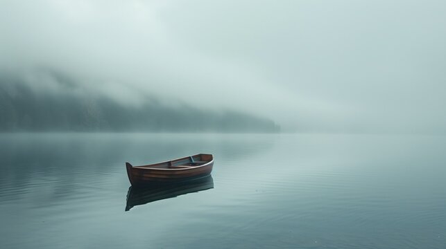 A misty morning on a tranquil lake, with a lone rowboat drifting peacefully