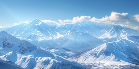 Fototapeta premium Panoramic view of snow mountains range landscape. Generative AI.