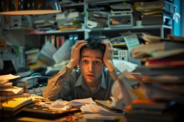 person in the office on a verge of anxiety attack. Stress at workplace and burnout. Corporate culture and work life balance. 