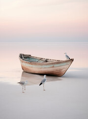 Naklejka premium Boat on the beach with blue sky in sunset. Summer concept.