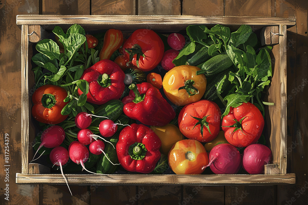 Poster AI generated illustration of assorted fresh vegetables in wooden crate on table by wooden wall