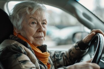 senior woman driving a car closeup portrait. Medical test,  aging and continuing driving an automobile problem. Elderly drivers social issue.