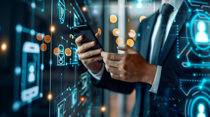 Businessman using a mobile phone and digital technology for business, virtual screen icons on a modern office space, digital marketing concept