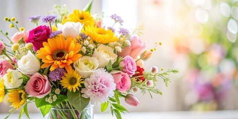 bouquet of colorful tulips There is a bouquet of different flowers in a vase on the window, spring, colors, home comfort, macro