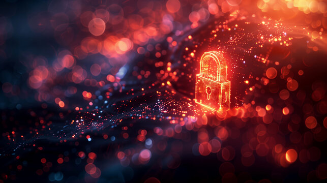 A glowing abstract form resembling a lock spins in the center of a digital network. This symbolizes the secure and tamper-proof nature of blockchain technology