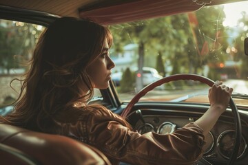 young woman driving a vintage retro car 