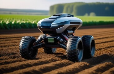 Obraz premium The robot works in the field. Robotics in agriculture. Innovation of the future. Modern technologies. Smart farm
