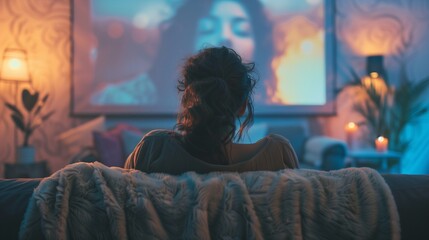 A person curled up on a couch with a fluffy blanket, watching a classic movie on a projector screen.