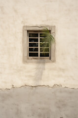 Window in the wall of the house with palm tree.