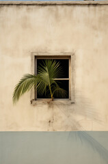 Palm tree growing over wall with small window. 
