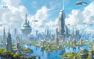Craft a futuristic utopia with soaring skyscrapers