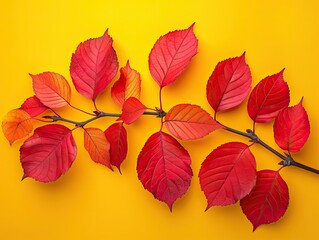 branch full of bright red autumn leaves set against a vibrant yellow background. The contrast between the red leaves and the yellow backdrop makes the colors pop, creating a stunning, 
