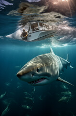Naklejka premium Shark in the sea and boat on top. Natural concept.