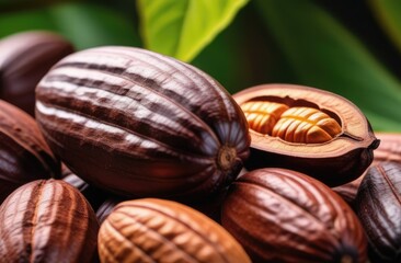 Close-up. A handful of cocoa beans. Growing cocoa beans