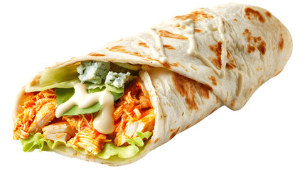  A Buffalo chicken wrap bursting with spicy buffalo chicken, lettuce, and blue cheese crumbles, with a drizzle of ranch dressing, transparent background