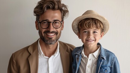 portrait of dad with son on isolated background