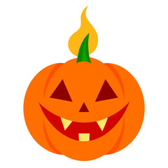 A jack-o-lantern with a spooky grin and a burning candle inside for Halloween.