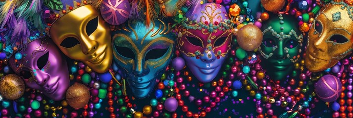 Obraz premium Festive carnival masks and shiny colorful beads, vibrant Mardi Gras celebration background
