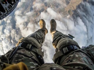 First-person view of a military parachutist exiting an aircraft,close up
