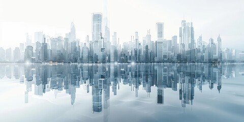 Fototapeta premium The photo is of a cityscape with a river in front of it. The city is reflected in the river. The photo is taken from a high angle.