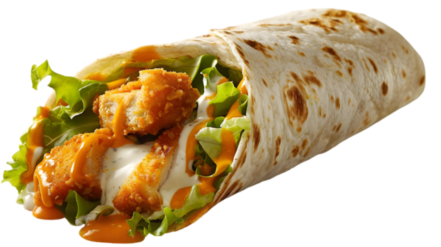  A Buffalo chicken wrap carefully presented with buffalo chicken, lettuce, and cheese, oozing with ranch dressing, transparent background