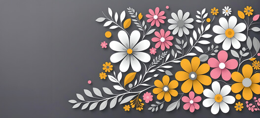 Obraz premium beautiful paper-cut flowers with a copy space. variety of blooms in white, yellow, pink, and purple hues with green foliage, grey background. festive designs and invitation cards