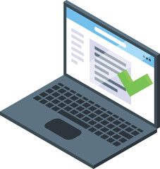 3d illustration of an isometric laptop displaying a green checkmark, symbolizing task completion or approval