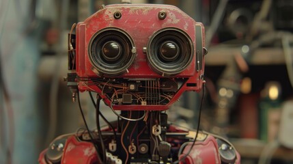Robot with a red, weathered exterior, large camera-like eyes, and an array of mechanical components visible on its face and torso
