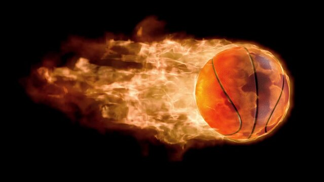 Animated fire ball. Blazing Basketball on air rotating in loop on its axis with bright flame tail. Dark background. 3D render.