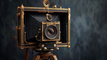 A detailed antique brass and wood large format camera mounted on a tripod, capturing a sense of vintage photography and historical craftsmanship.