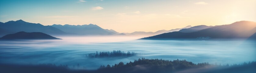 Fototapeta premium A misty sunrise over the ocean with fog obscuring the view. 