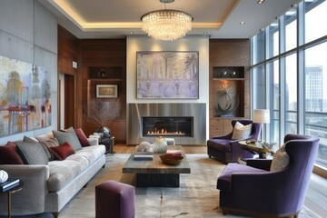 An inviting contemporary living room with a statement fireplace, surrounded by minimalist decor
