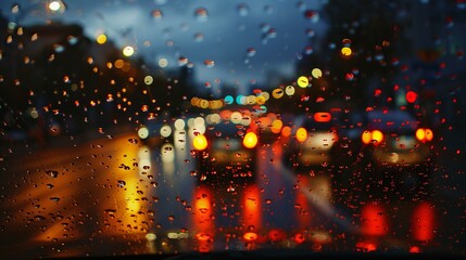 Evening scene featuring drizzle on a car windshield.