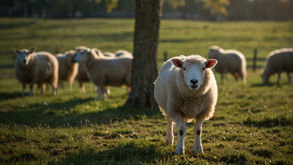 Fototapeta premium A group of sheep are standing in a field