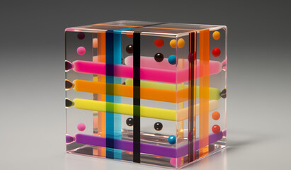 Neon colored cube with balls inside.