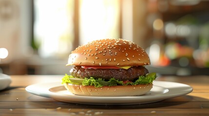 A photorealistic image of a juicy hamburger on a plate, with a perfectly toasted bun and sesame...