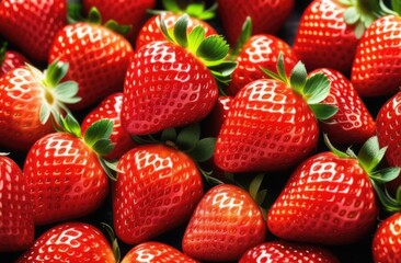 Strawberry background. Top view of many red strawberries