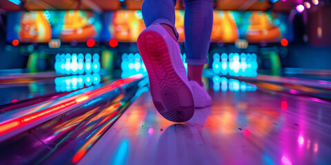 Naklejka premium Close-up on legs of an adult playing bowling with glowing bowling ball. Active leisure for young adults.