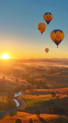 Gorgeous Display of Yellow Hot Air Balloons Adrift Over Serene Landscape