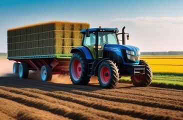 Obraz premium A tractor collects crops in the field. Modern technologies in agriculture