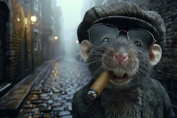 Cheeky Rat in Flat Cap and Aviator Glasses, Cigar in Teeth, Old London Alley, Foggy Night, Copy...