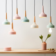 Different pastel colors lamp hanging from the top above the tabel with plant. Minimalist concept.