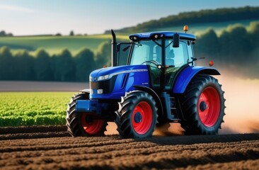 Fototapeta premium Close-up. A tractor drives across a field, raising a column of dust behind it.