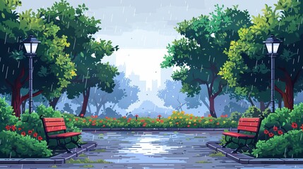Obraz premium Flat vector illustration depicting a rainy day in a park, featuring rain falling on city streets, benches, and street lamps.