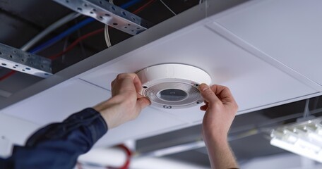 Expert technician securely installing a contemporary smoke alarm system - Powered by Adobe